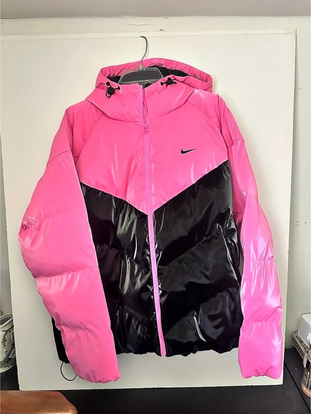 Nike Therma-FIT Shine Poly Fill Windrunner Puffer Jacket Pink Black NWT~XL